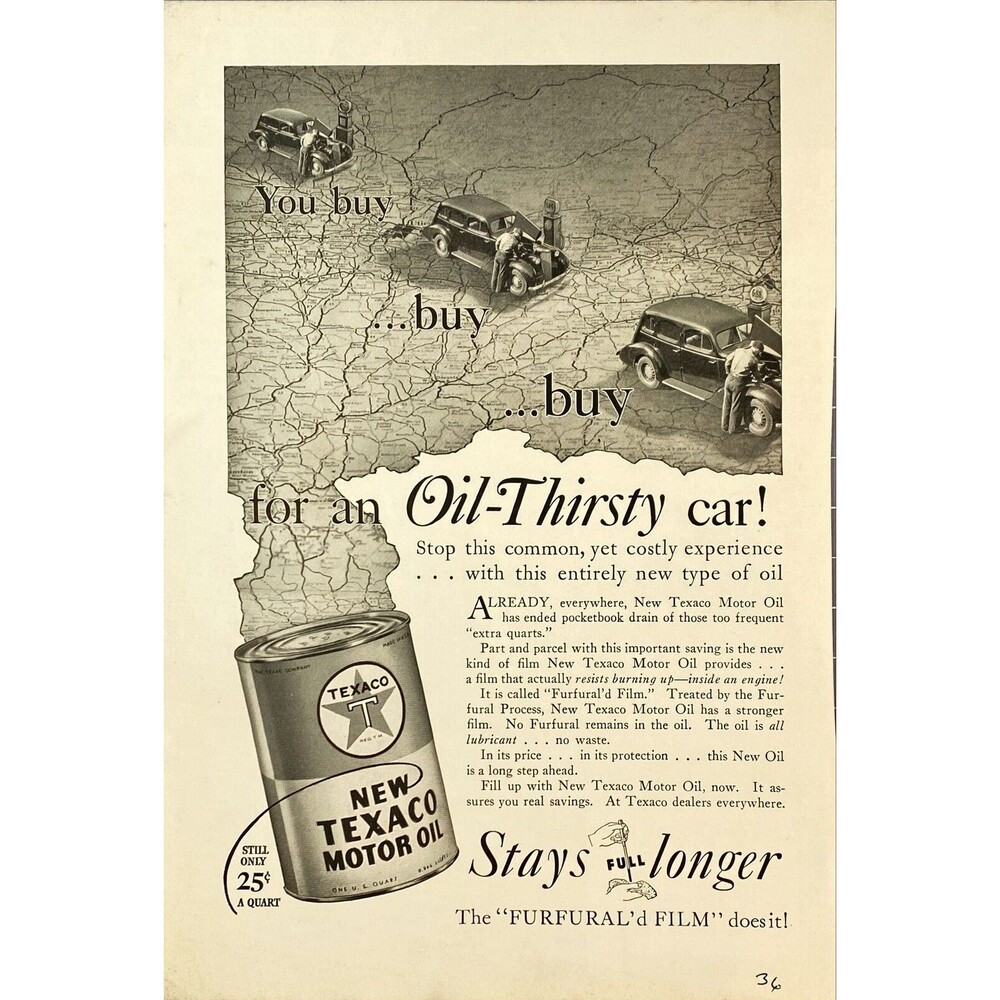 Texaco "Stays Full Longer-The Furfural'd Film does it" Vintage Print Ad 1936